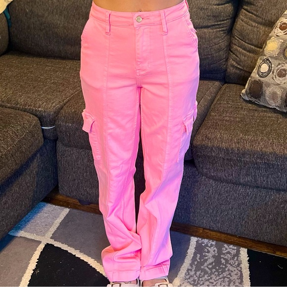 Judy Blue Denim - Judy Blue High Rise Pink Garment Dyed Cargo Straight Leg Jeans